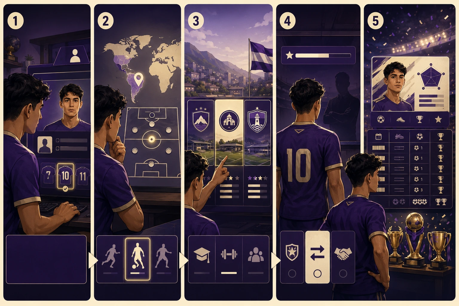 Cinco pasos ilustrados de Copero juego: crear jugador, elegir país, escoger club, desarrollar la carrera y revisar el resultado