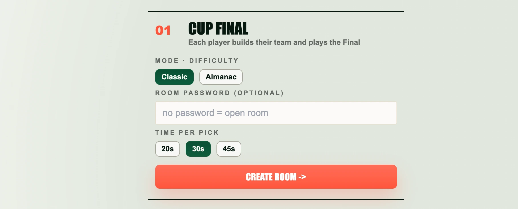 7a0 multiplayer setup screen for creating a Cup Final or Full Cup room