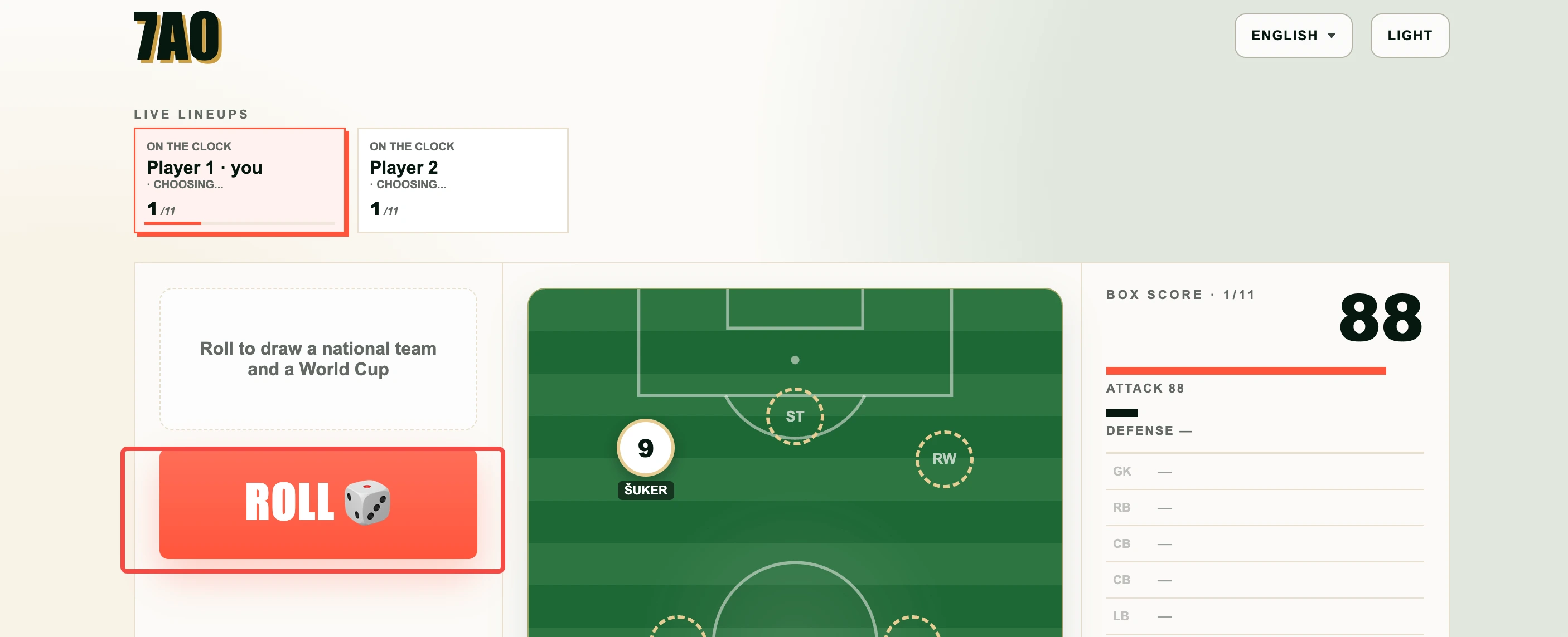 Live 7a0 multiplayer draft with a World Cup squad and player selection interface