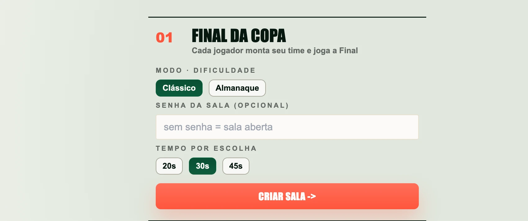 Tela multijogador do 7a0 para criar uma sala de Final da Copa ou Copa completa