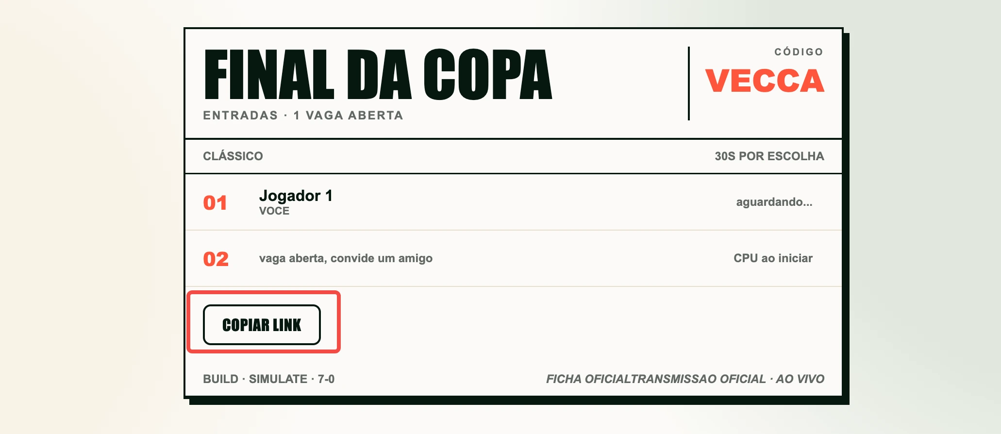 Lobby multijogador do 7a0 com código da sala, lista de jogadores e status de pronto