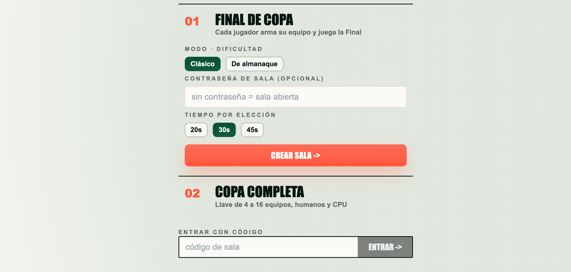 Selector multijugador de 7a0 para crear una sala de Final de Copa o Copa completa