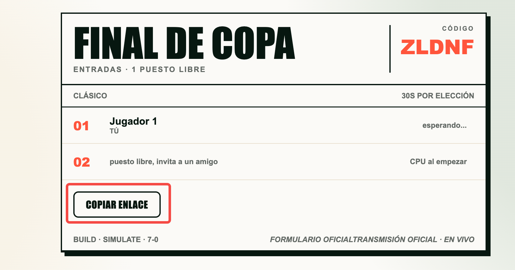 Lobby multijugador de 7a0 con código de sala y jugadores preparados